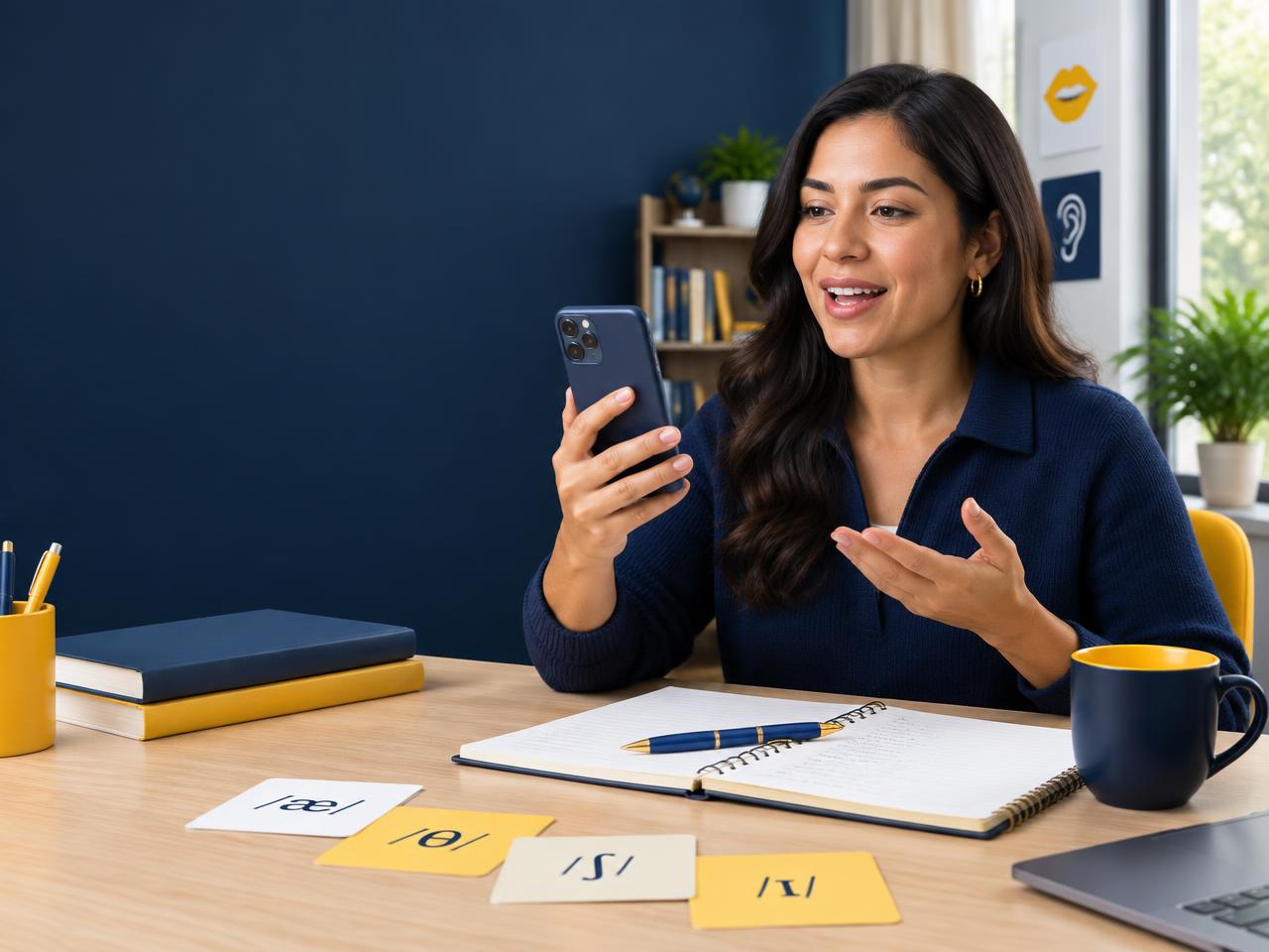 Estudiante adulta practicando pronunciación inglesa con su teléfono